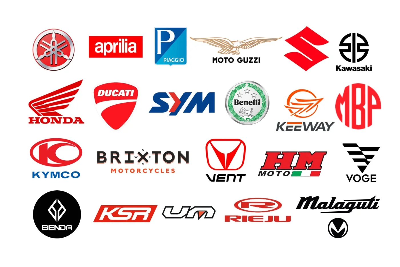Loghi delle case moto: Yamaha, Aprilia, Piaggio, Moto Guzzi, Suzuki, Kawasaki, Honda, Ducati, SYM, Benelli, Keeway, MBP, Kymco, Brixton, Vent, HM, Voge, Benda, KSR, UM, Rieju, Malaguti