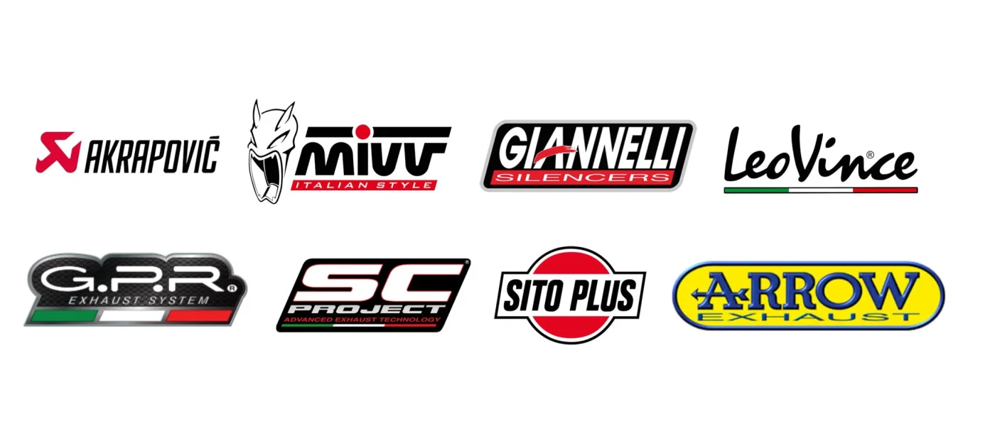 Loghi dei marchi di scarichi moto: Akrapovič, Mivv, Giannelli, LeoVince, GPR, SC Project, Sito Plus, Arrow